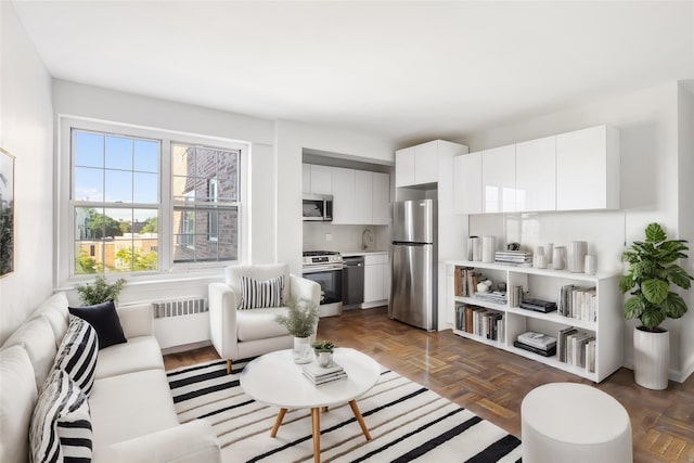 living room featuring dark parquet floors, sink, and radiator