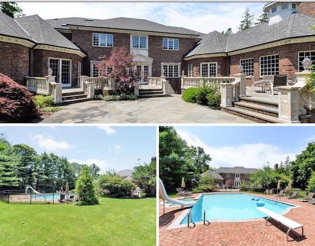 view of swimming pool with a yard, a deck, a diving board, a water slide, and a patio area