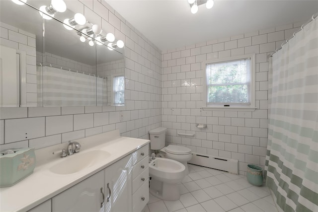 bathroom featuring a bidet, tile patterned flooring, decorative backsplash, tile walls, and a baseboard radiator