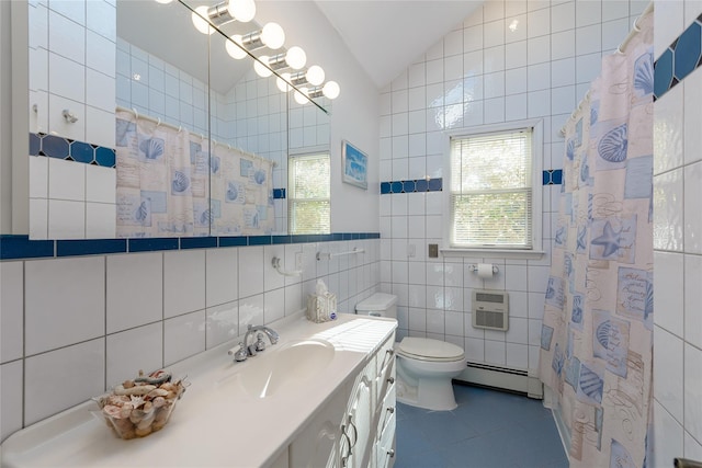 bathroom featuring tile patterned floors, baseboard heating, tile walls, toilet, and lofted ceiling