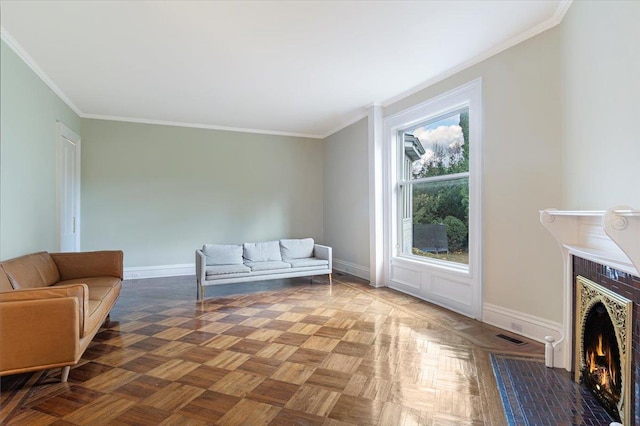 living room featuring parquet floors and crown molding