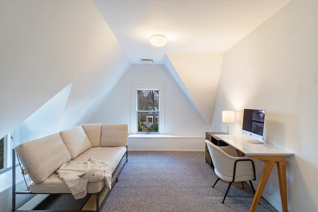 office with carpet and vaulted ceiling