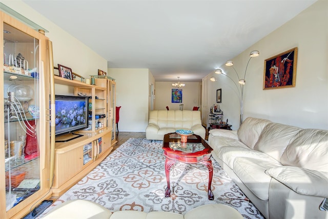 living room featuring an inviting chandelier