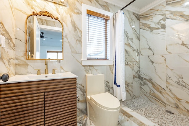 bathroom featuring toilet, plenty of natural light, ornamental molding, and a shower with shower curtain