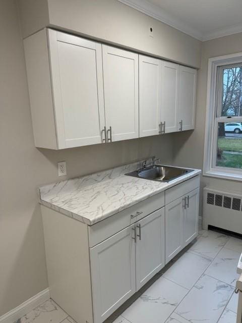 washroom featuring crown molding, sink, and radiator