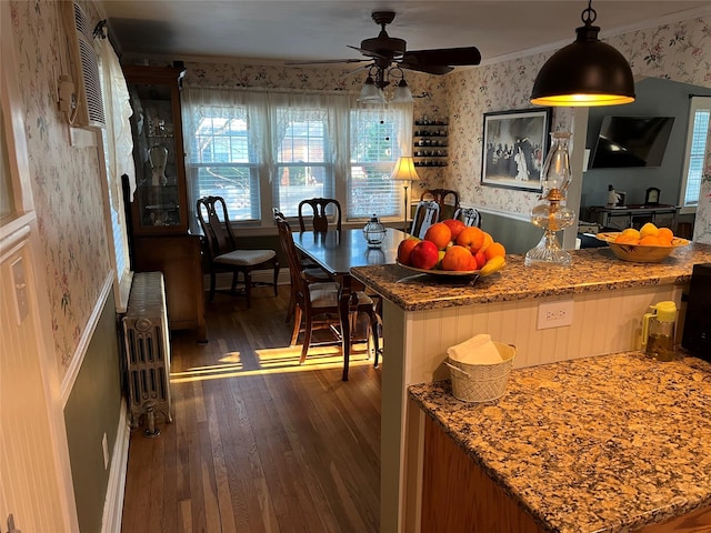 kitchen featuring hanging light fixtures, dark hardwood / wood-style floors, ceiling fan, ornamental molding, and radiator heating unit