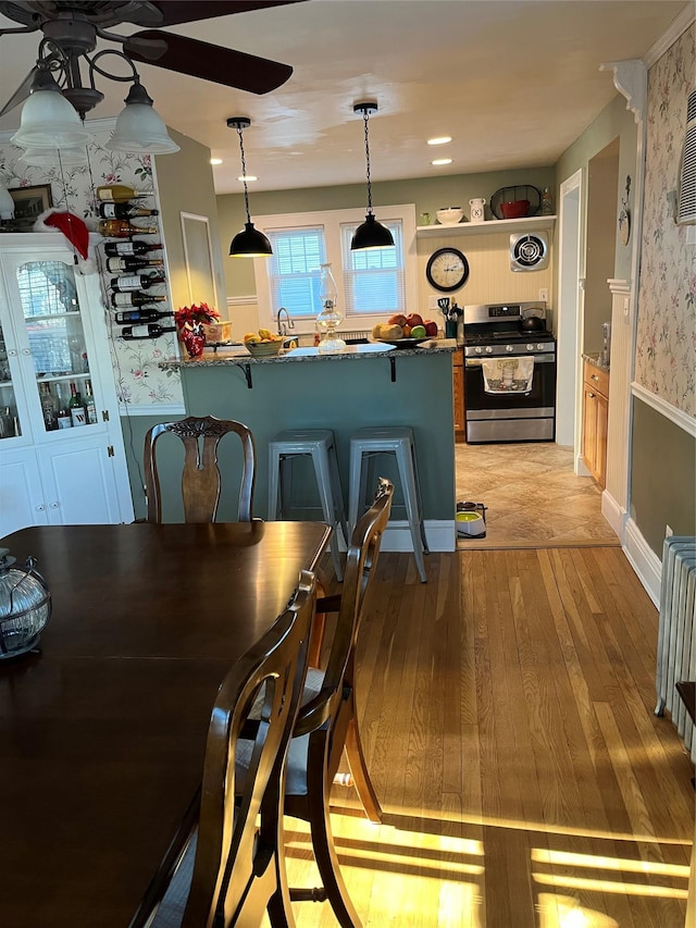 dining area featuring ceiling fan and light hardwood / wood-style floors