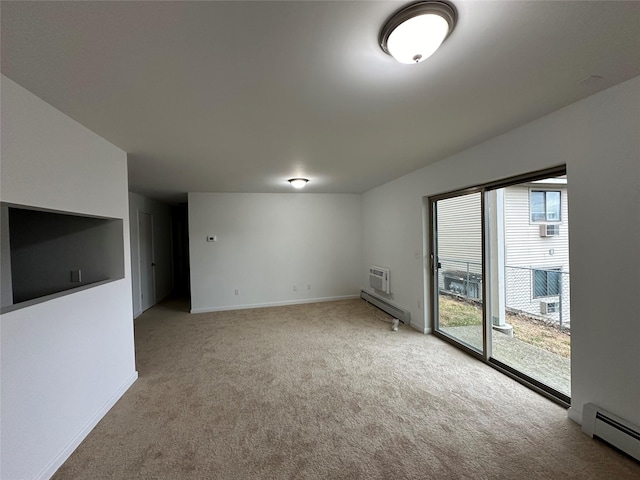 unfurnished living room with light carpet, a baseboard radiator, and an AC wall unit