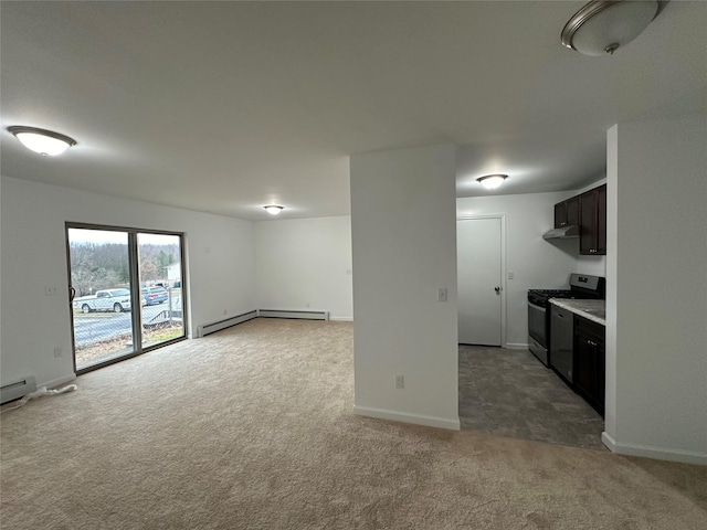 interior space with carpet and a baseboard heating unit