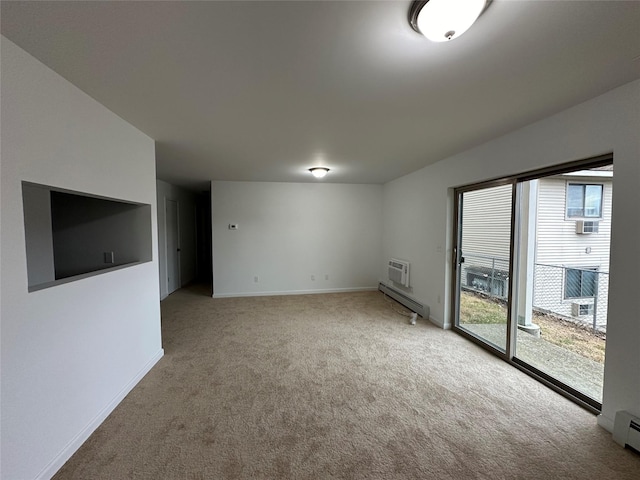 unfurnished living room with light carpet, plenty of natural light, and a baseboard heating unit