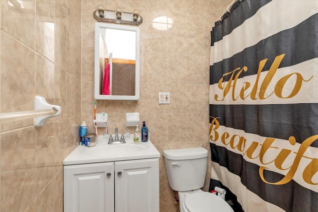 bathroom featuring vanity, backsplash, toilet, tile walls, and curtained shower