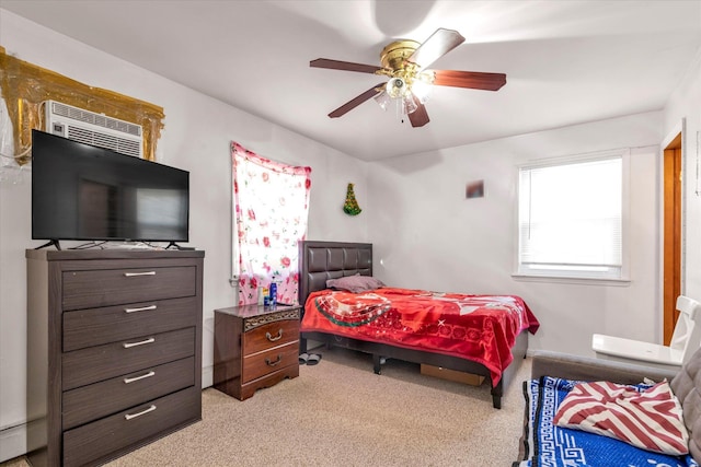 bedroom featuring ceiling fan and light colored carpet