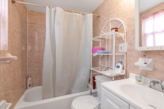 full bathroom featuring vanity, shower / bathtub combination with curtain, tile walls, and tasteful backsplash