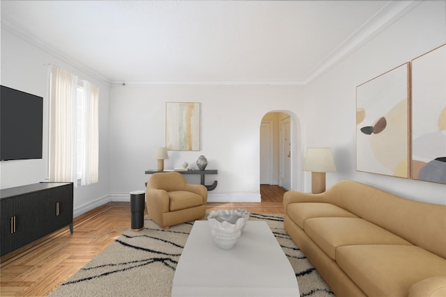 living room with crown molding and light parquet flooring