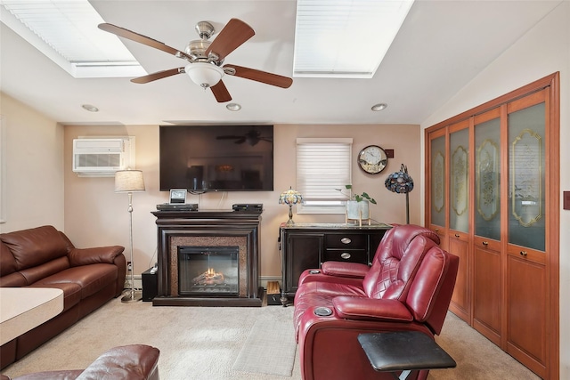 carpeted living room with ceiling fan, a wall mounted AC, and vaulted ceiling