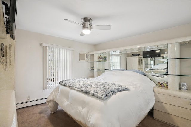 carpeted bedroom with baseboard heating, a wall mounted AC, and ceiling fan