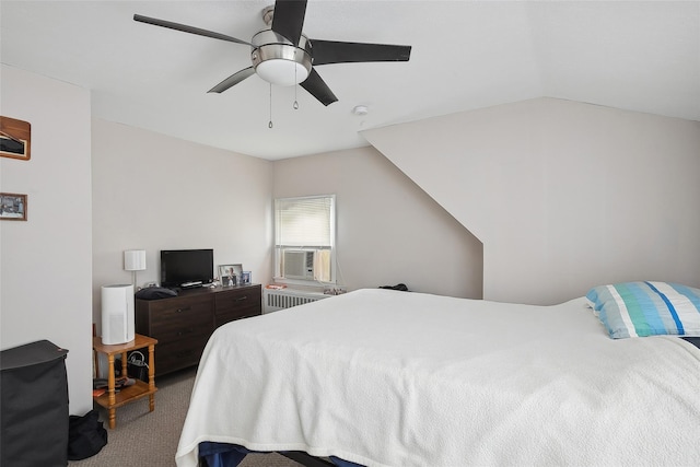 carpeted bedroom with ceiling fan, radiator heating unit, cooling unit, and lofted ceiling