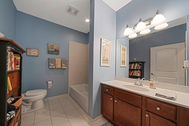 full bathroom with tile patterned flooring, vanity, toilet, and washtub / shower combination