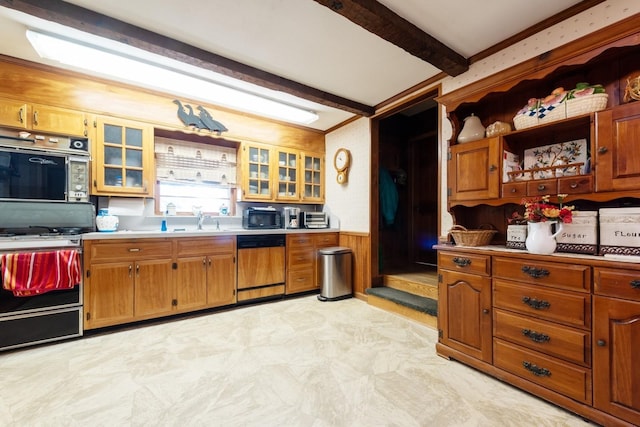 kitchen featuring beamed ceiling, dishwasher, stove, and sink