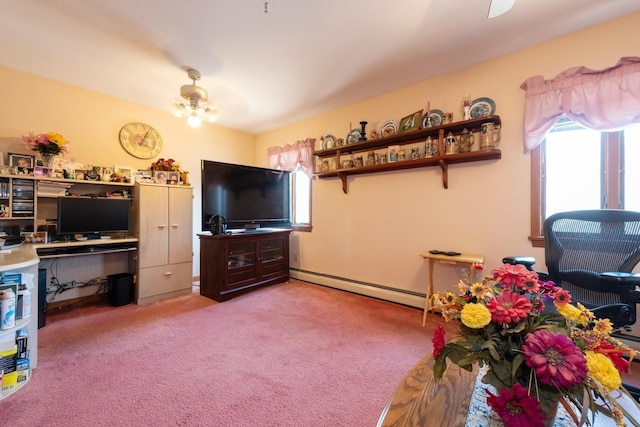 game room featuring baseboard heating, ceiling fan, and carpet floors