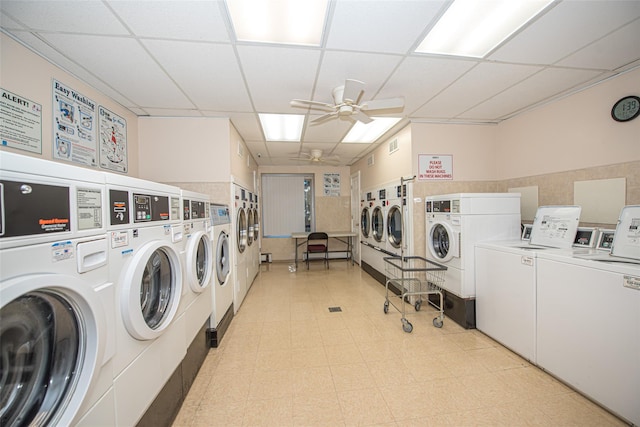 135 Post Ave Unit 5U, Westbury, NY 11590 - shared laundry room featuring washer and clothes dryer, a ceiling fan, and estacked washer and dryer