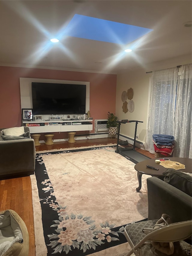 living room featuring a wall mounted air conditioner and light hardwood / wood-style flooring