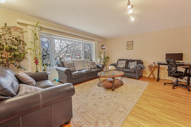 living room featuring hardwood / wood-style flooring and crown molding