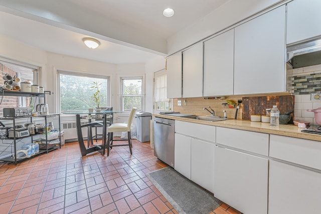 kitchen with white cabinets, dishwasher, decorative backsplash, and sink