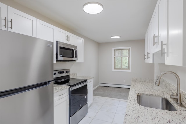 kitchen featuring sink, white cabinets, stainless steel appliances, and a baseboard radiator