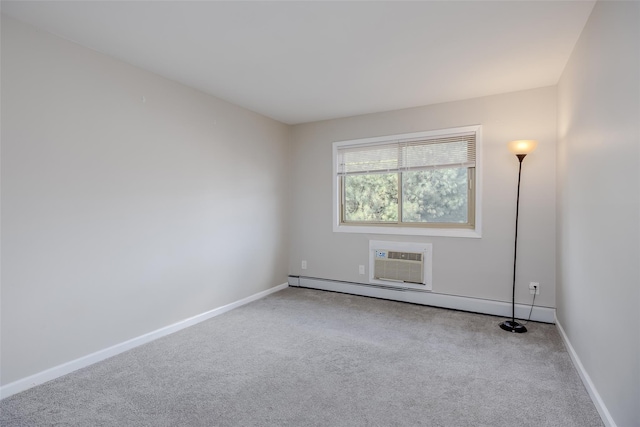 carpeted empty room featuring a baseboard radiator and an AC wall unit