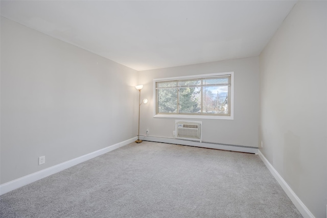 carpeted empty room with baseboard heating and a wall mounted air conditioner