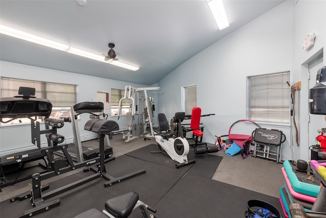 exercise room featuring lofted ceiling