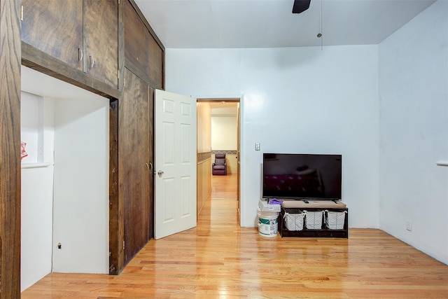 living room with ceiling fan and light hardwood / wood-style flooring