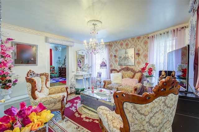 living room featuring a chandelier