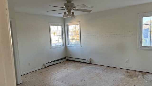 empty room with ceiling fan and a baseboard heating unit