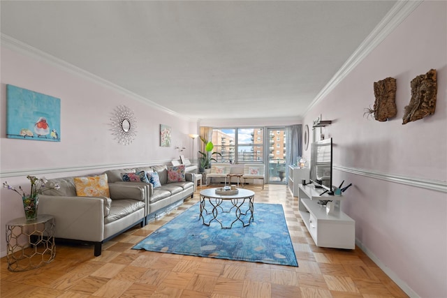 living room with light parquet flooring and ornamental molding