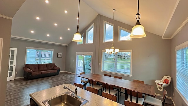 dining space with dark hardwood / wood-style floors, high vaulted ceiling, and sink