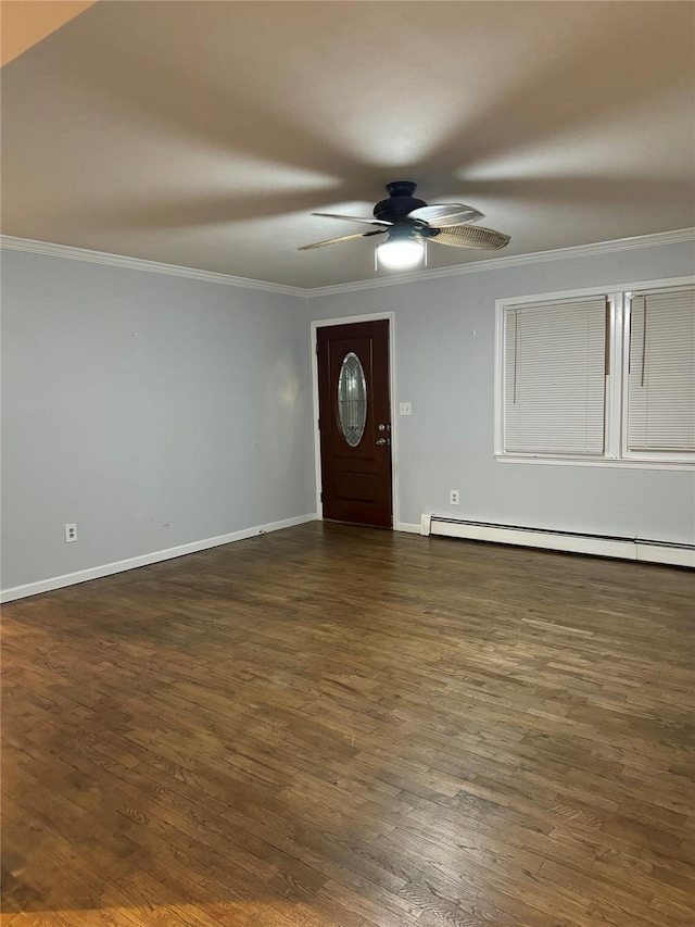 entrance foyer featuring ceiling fan, dark hardwood / wood-style flooring, a baseboard radiator, and ornamental molding