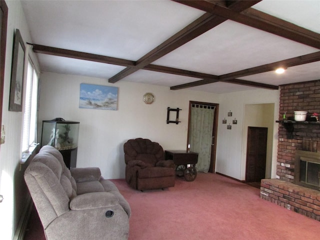 living room featuring beamed ceiling, carpet floors, and a brick fireplace