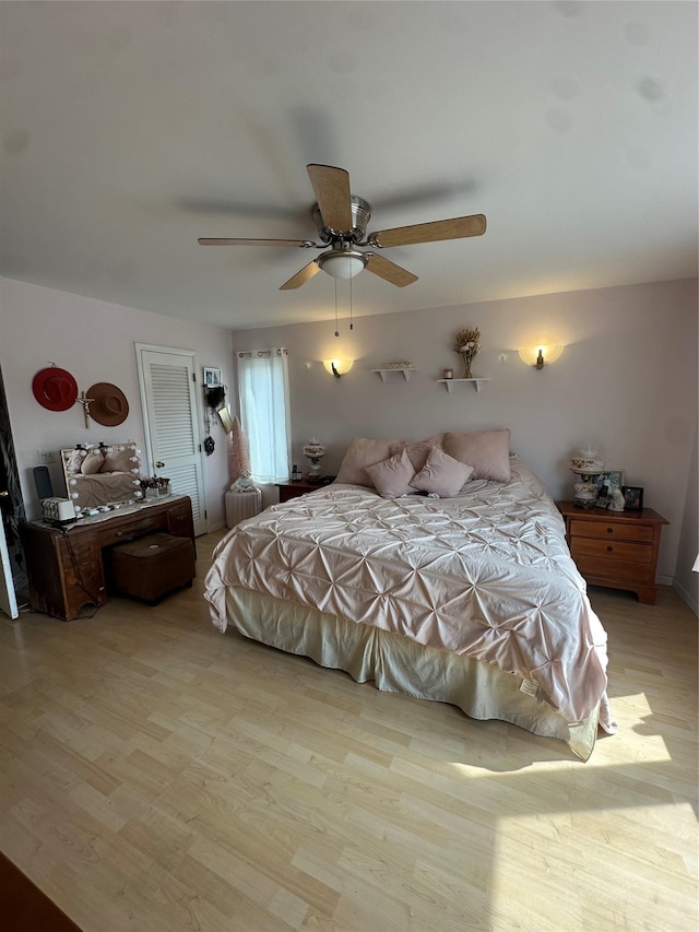 bedroom with ceiling fan and wood finished floors