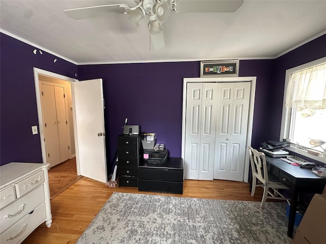 interior space with a closet, wood finished floors, a ceiling fan, and ornamental molding