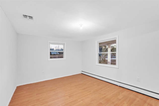 unfurnished room with light hardwood / wood-style flooring and a baseboard radiator