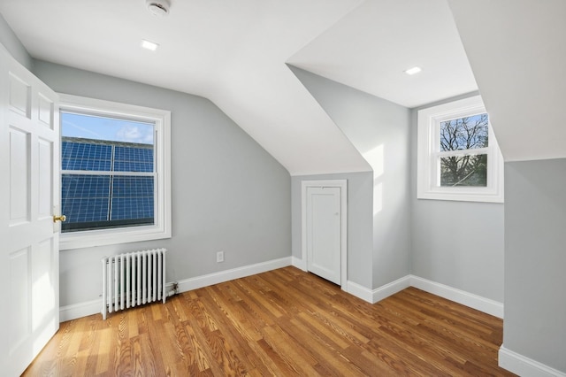 additional living space with radiator heating unit, a healthy amount of sunlight, and light hardwood / wood-style floors