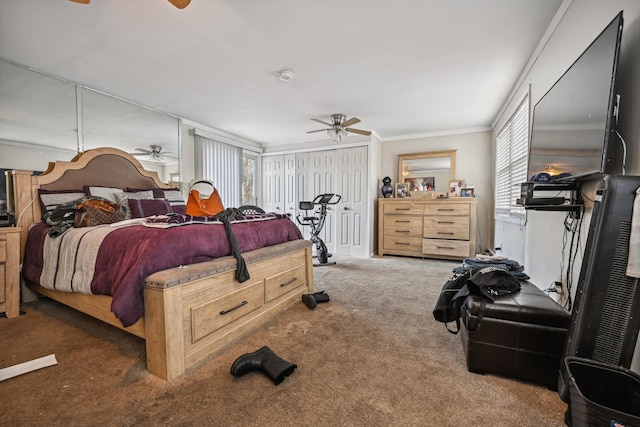 bedroom with crown molding, ceiling fan, and dark carpet