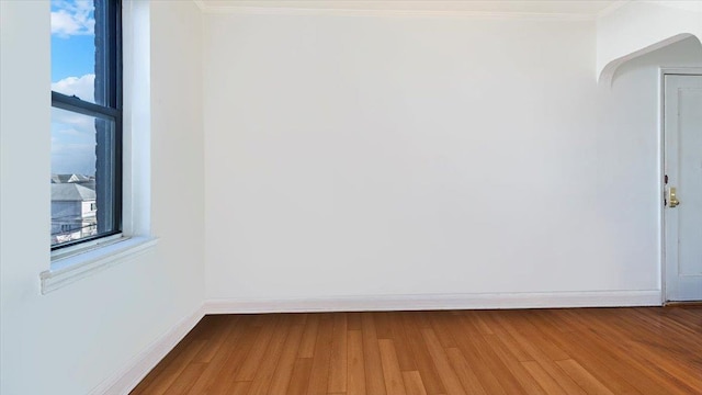 spare room with wood-type flooring and ornamental molding