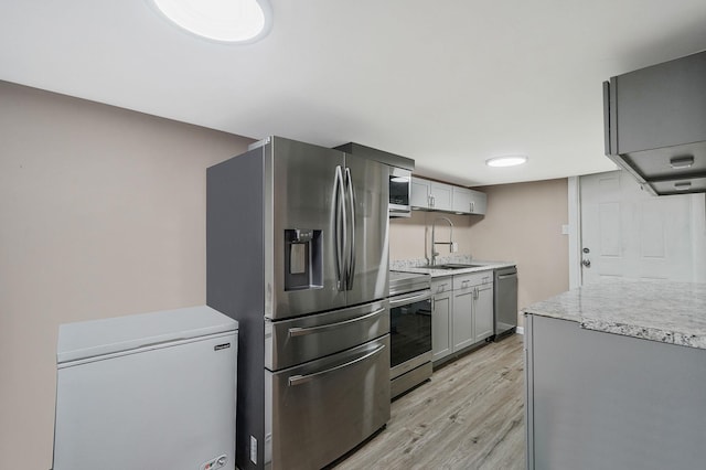 kitchen featuring appliances with stainless steel finishes, light hardwood / wood-style floors, gray cabinets, and sink