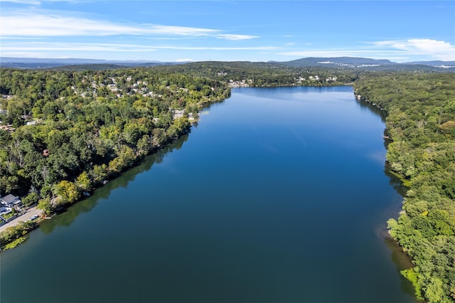 bird's eye view with a water and mountain view