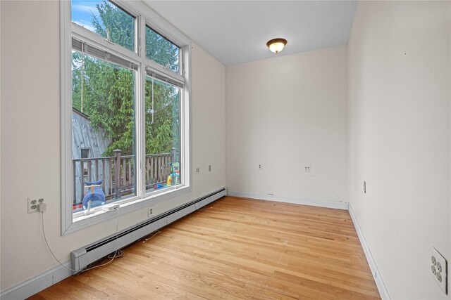 empty room featuring baseboard heating and light hardwood / wood-style flooring