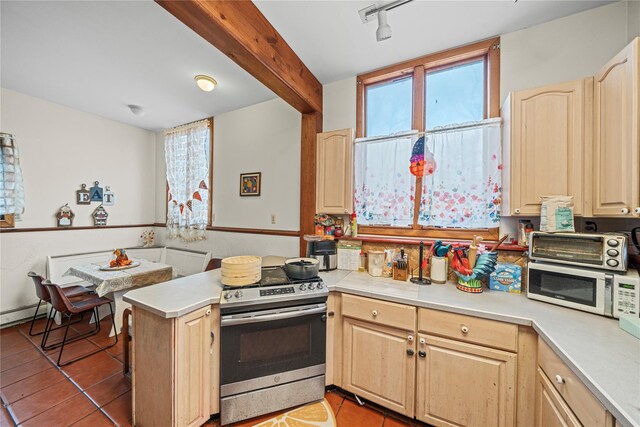 kitchen with light brown cabinetry, stainless steel appliances, and a healthy amount of sunlight