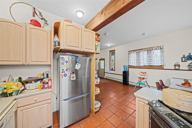 kitchen with beamed ceiling, light tile patterned floors, light brown cabinets, and appliances with stainless steel finishes